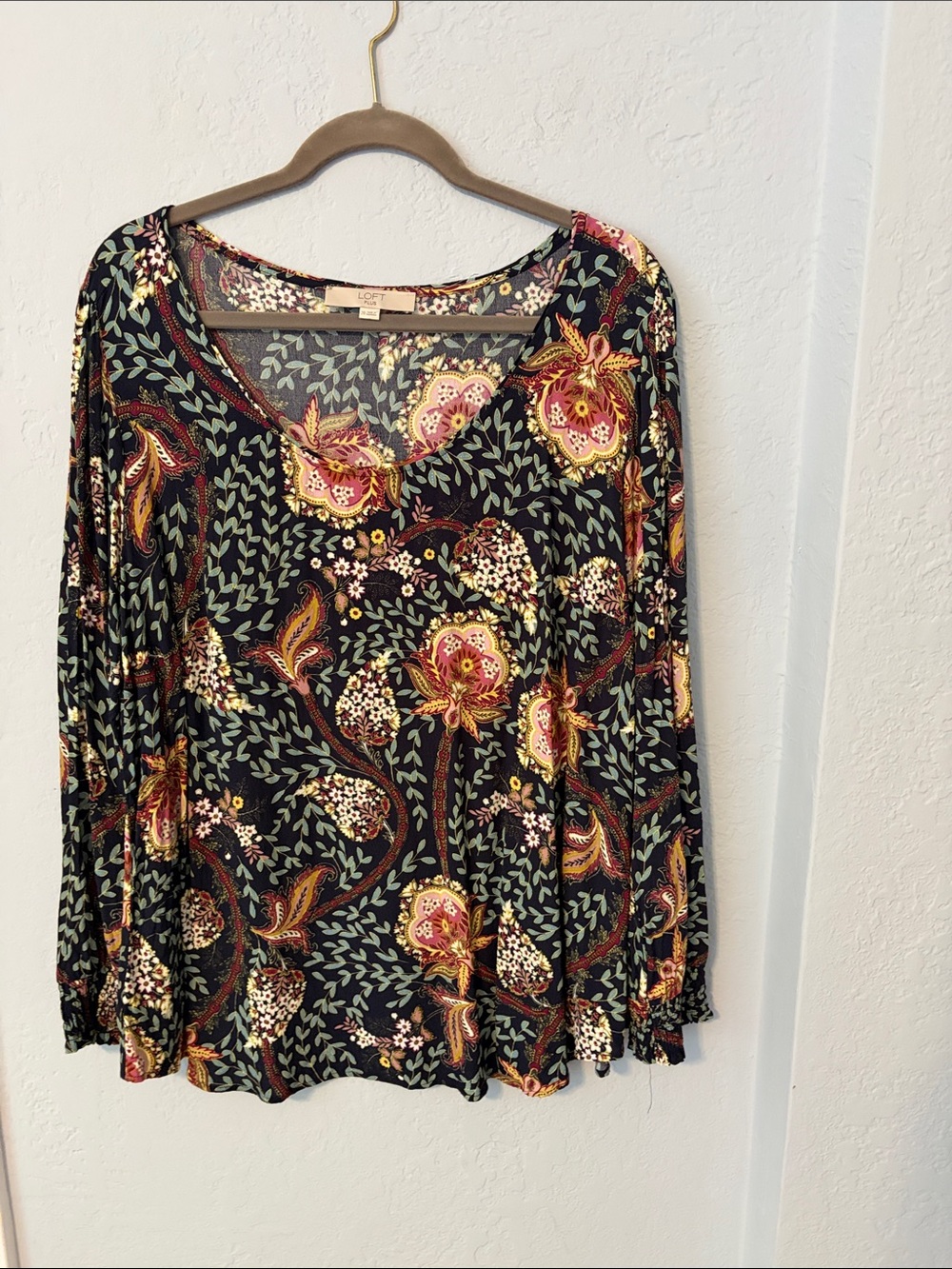 LOFT Black Floral & Leaf Print Long Sleeve Top